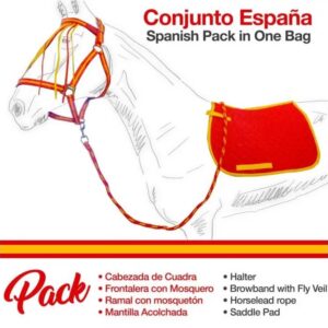 SET SCHABRACKE, STALLHALFTER MIT ABNEHMBAREN FLIEGENSCHUTZ UND FÜHRSTRICK IN DEN SPANISCHEN FARBEN